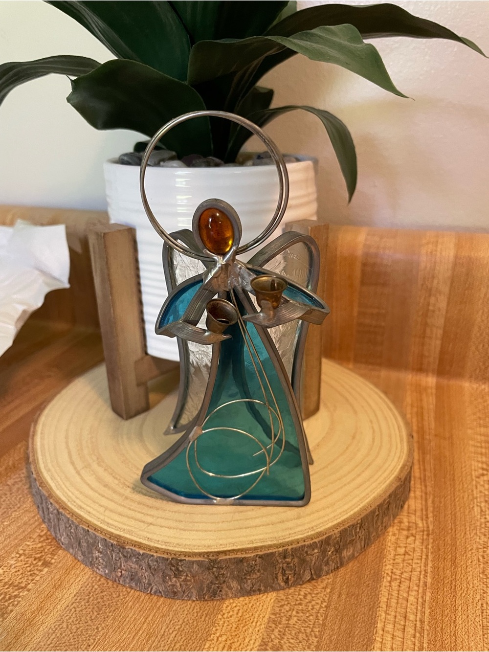 Hand Crafted Teal and Amber Stained Glass Angel